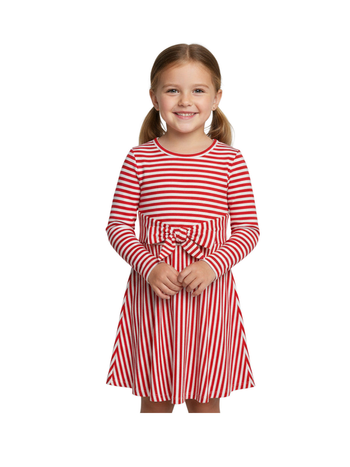 Girls Red White Stripe Waist Tie Textured Belt Long sleeve Skater Dress
