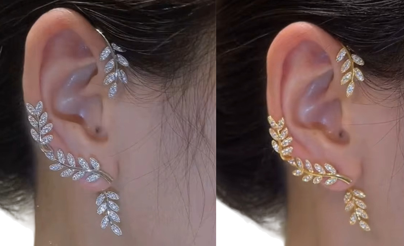 Ladies Sparkling Gold Silver Leaf Cut Cuff Stud Party Earrings