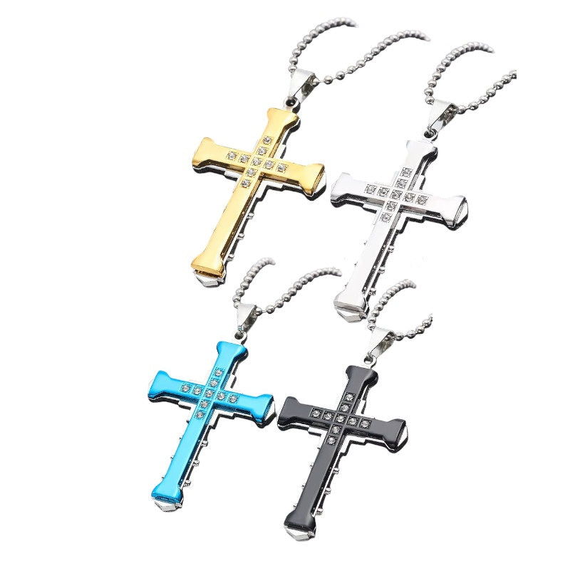 Ladies Mens Unisex Inlaid Crystal Cross Pendant Silver Long Link Chain Necklace