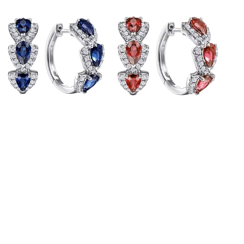 Ladies Girls Elegant Silver Huggie Round Blue Red Crystal Hoop Earrings