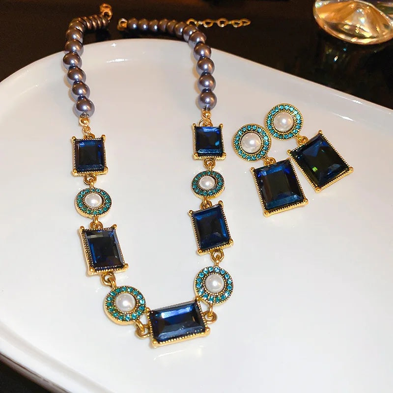Ladies Blue Green Square Crystals Bead Chain Necklace Earrings 3 Pce Set Choker