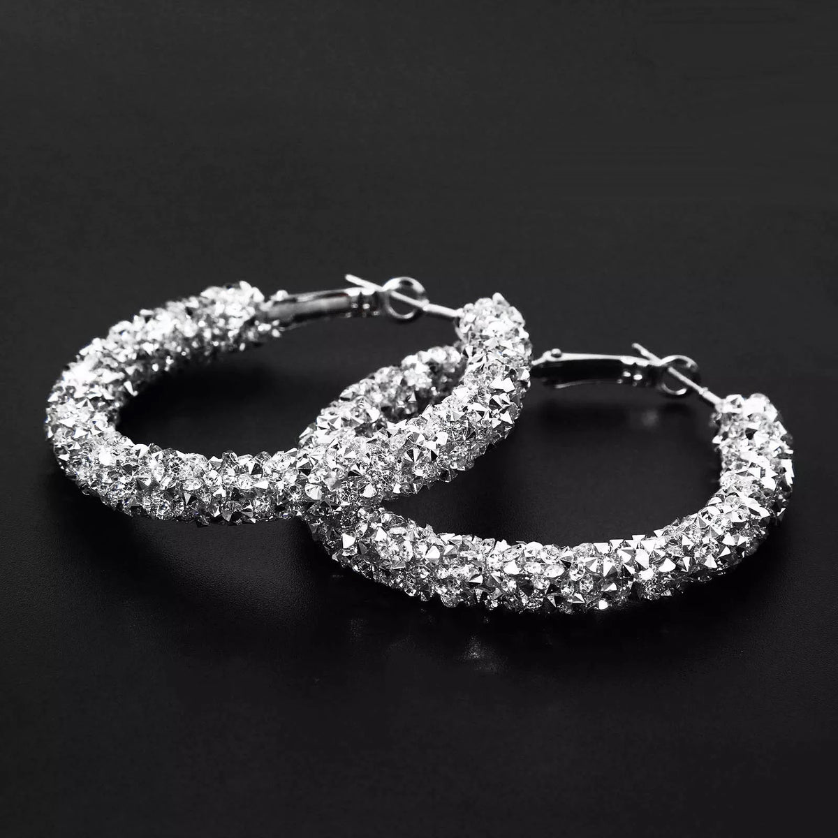 Ladies Elegant Silver Chunky Mesh Layered Dazzling Cut Clip Hoop Earrings