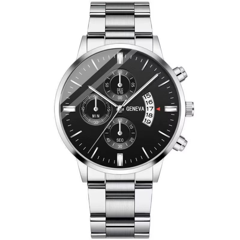 Mens Geneva Black Silver Stainless Steel Quartz Dial Analog Calendar Wrist Watch