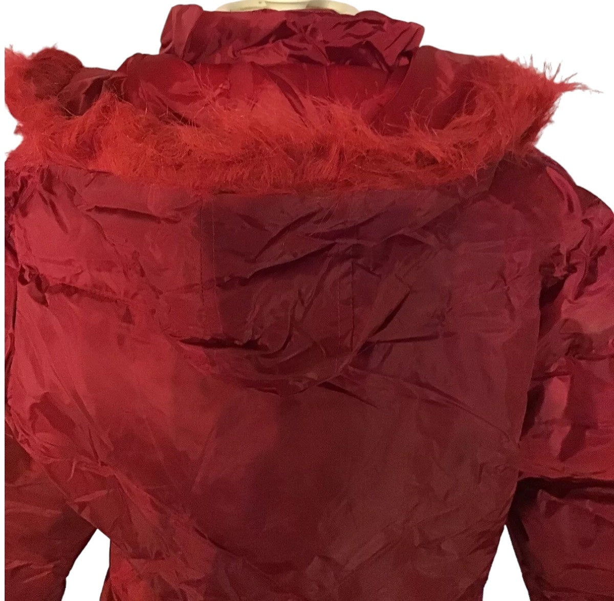 Ladies Red Faux Fur Trim Removeable Hood Winter Coat