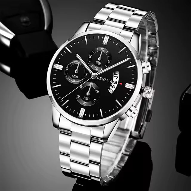 Mens Geneva Black Silver Stainless Steel Quartz Dial Analog Calendar Wrist Watch