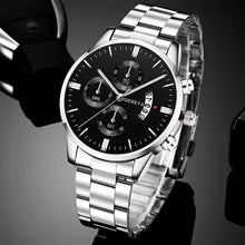 Load image into Gallery viewer, Mens Geneva Black Silver Stainless Steel Quartz Dial Analog Calendar Wrist Watch
