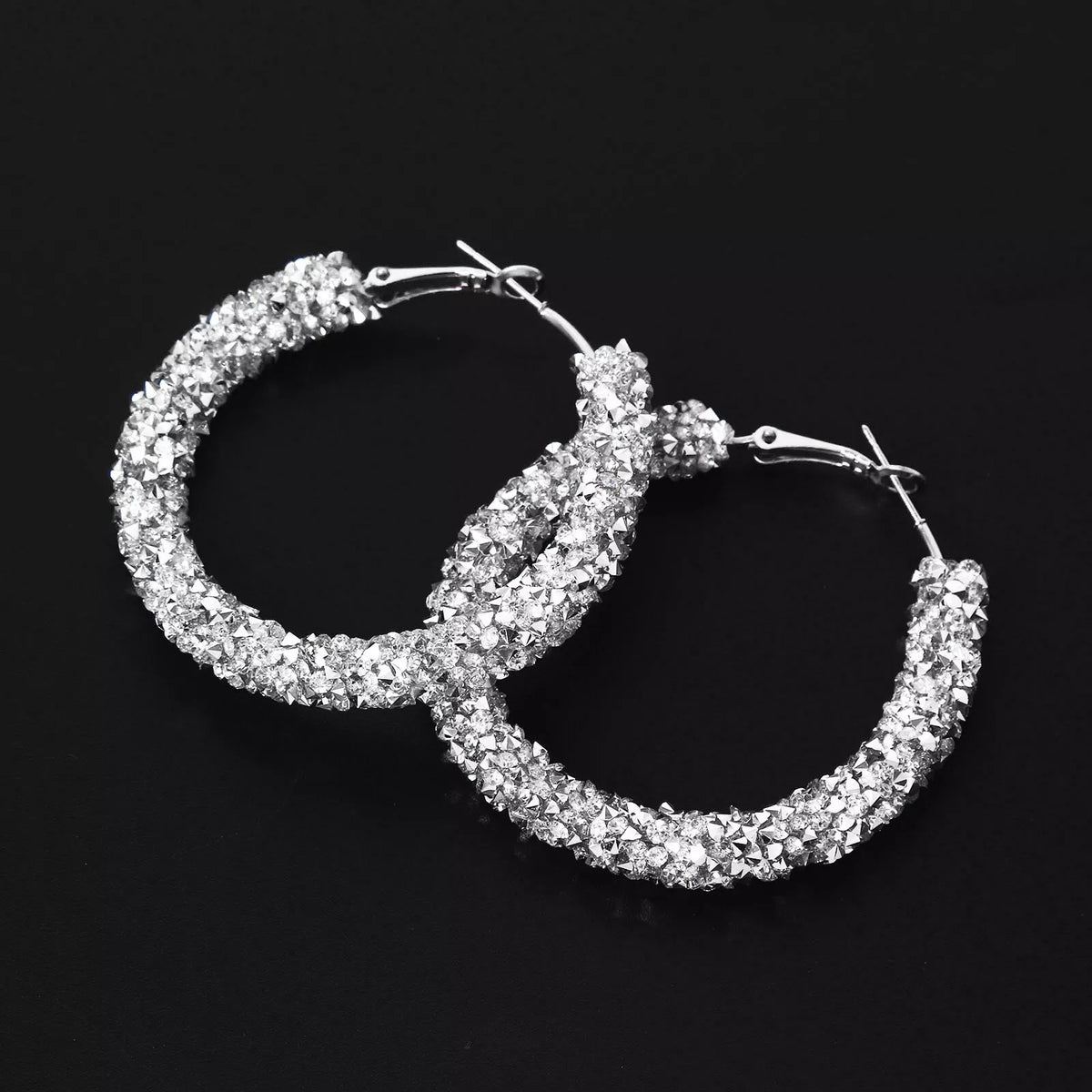 Ladies Elegant Silver Chunky Mesh Layered Dazzling Cut Clip Hoop Earrings