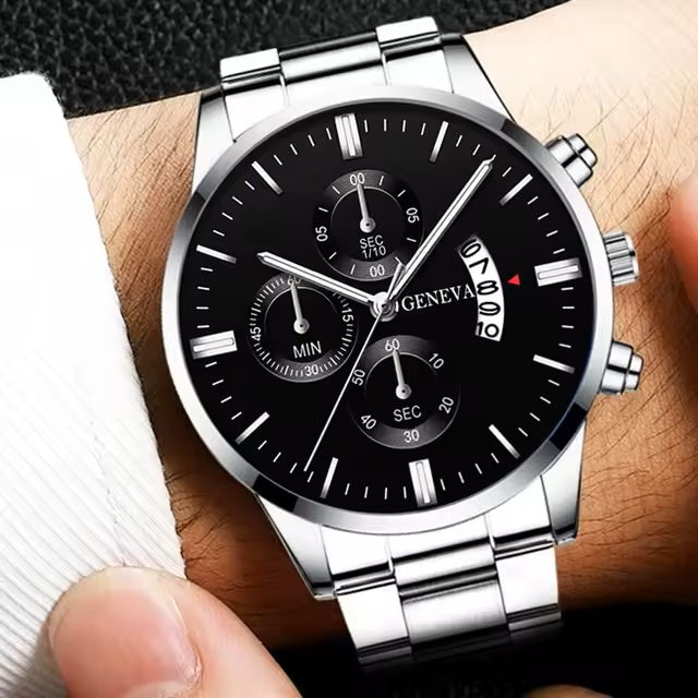 Mens Geneva Black Silver Stainless Steel Quartz Dial Analog Calendar Wrist Watch