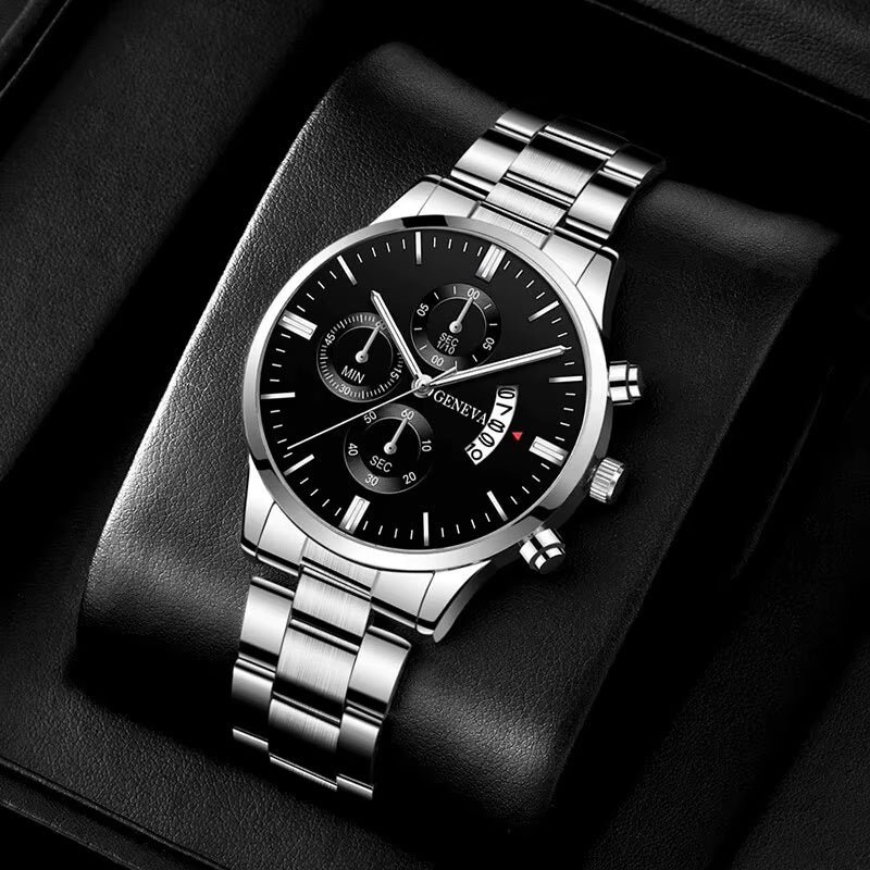 Mens Geneva Black Silver Stainless Steel Quartz Dial Analog Calendar Wrist Watch