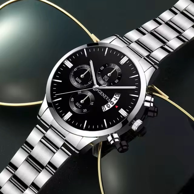 Mens Geneva Black Silver Stainless Steel Quartz Dial Analog Calendar Wrist Watch