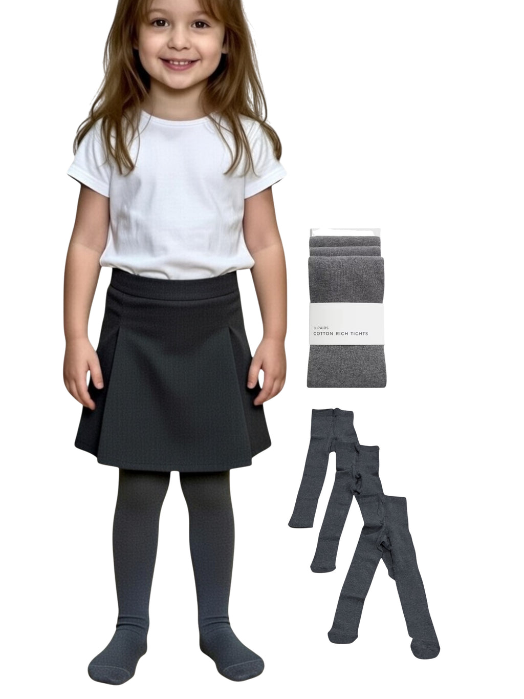 Girls 3 Pairs Grey Knitted Cotton Rich Soft Breathable Warm School Casual Tights