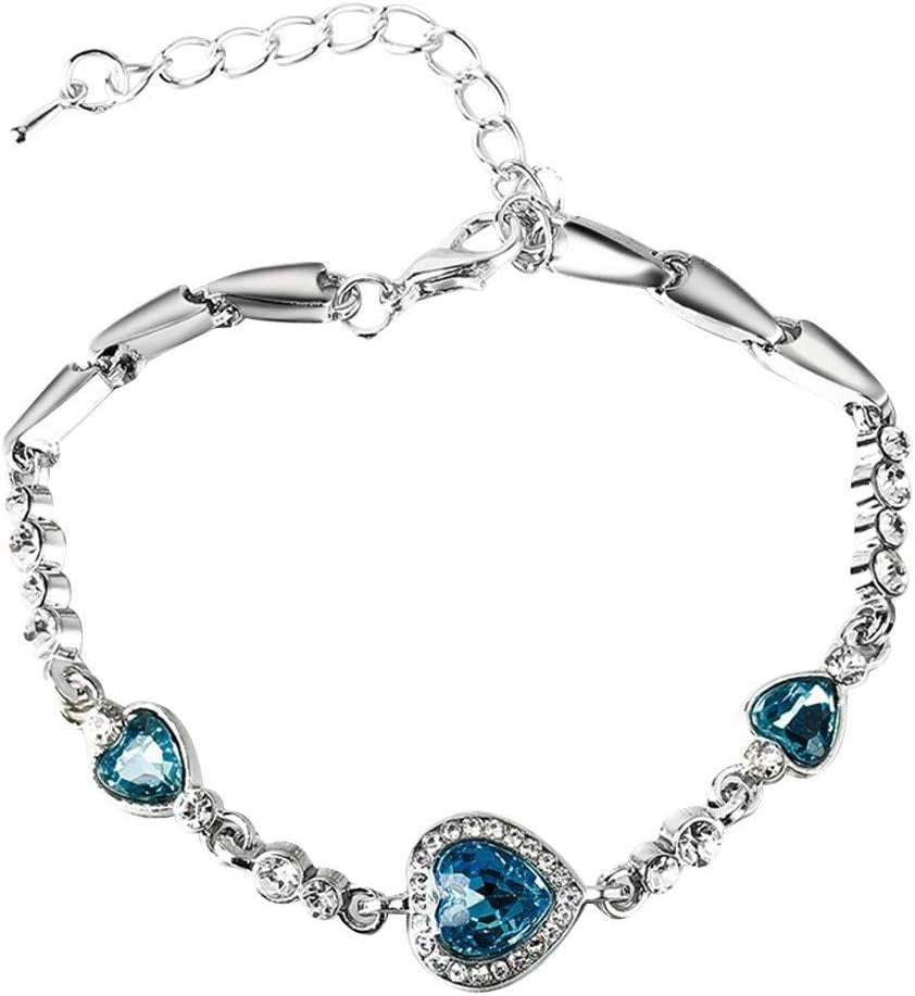 Ladies Silver Blue Heart White Mini Crystals Link Chain Dressy Party Bracelet