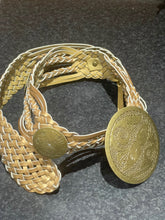 Load image into Gallery viewer, Ladies Gold Faux Leather Plaid Wide Brass Gold Round Pin Buckle Waist Woven Belt
