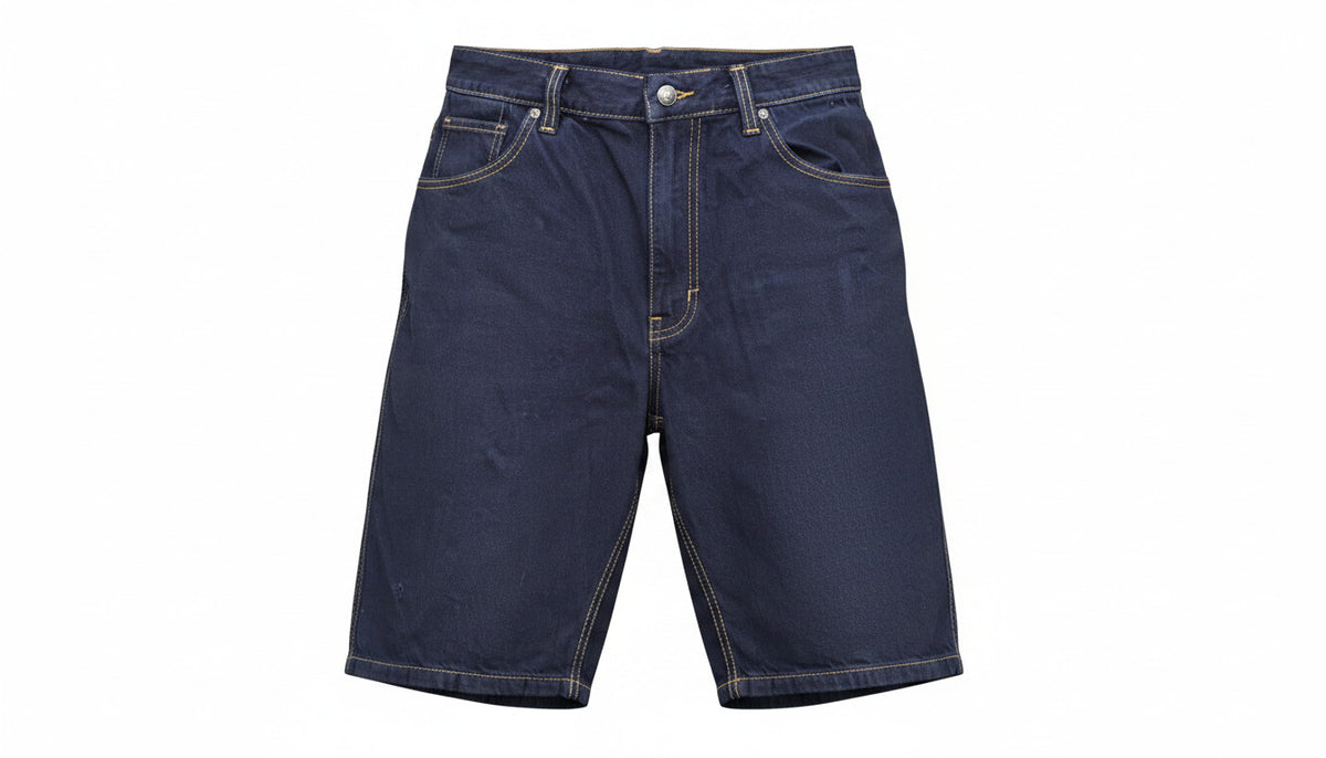 Mens Navy Blue Denim Stretch Cotton Contrast Stitching Detail Summer Shorts 34"