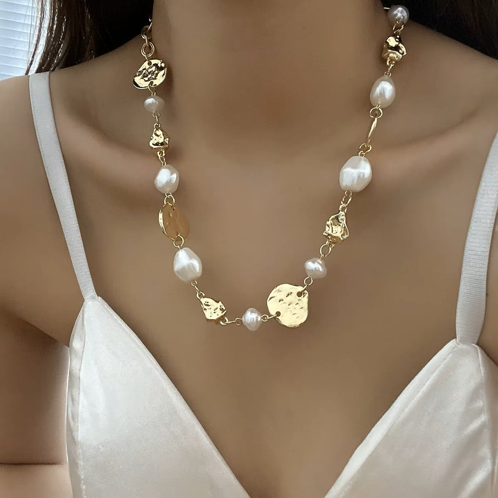Ladies Gold Plated Irregular Metal Pearls Chain Choker Womens Dressy Necklace