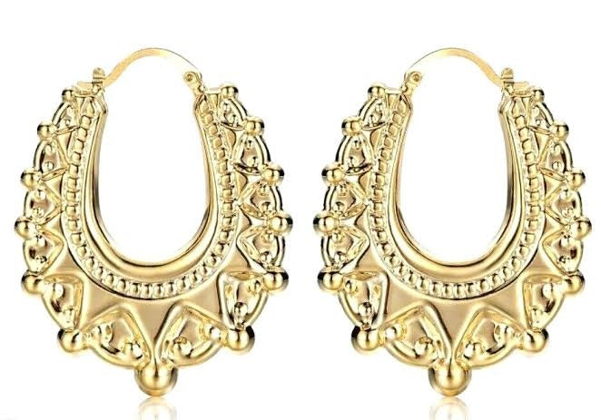 Ladies Gold Plated Retro Crown Stitching U-shape Stainless Steel Creole Earrings