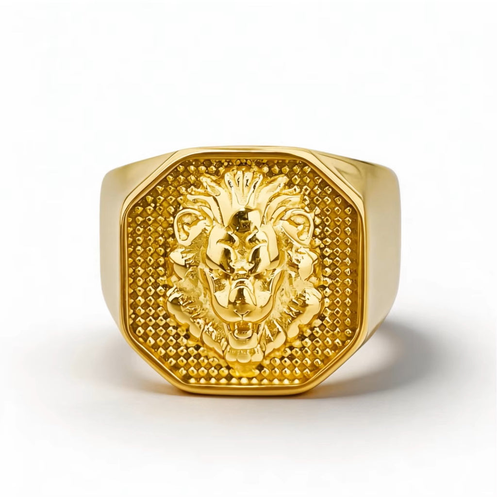 Mens Gold Plated 316L Stainless Steel Lion Head Waterproof Hypoallergenic Ring