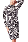 Ladies Black Cream Zebra Print High Neck Long Sleeve Dress
