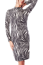 Load image into Gallery viewer, Ladies Black Cream Zebra Print High Neck Long Sleeve Dress

