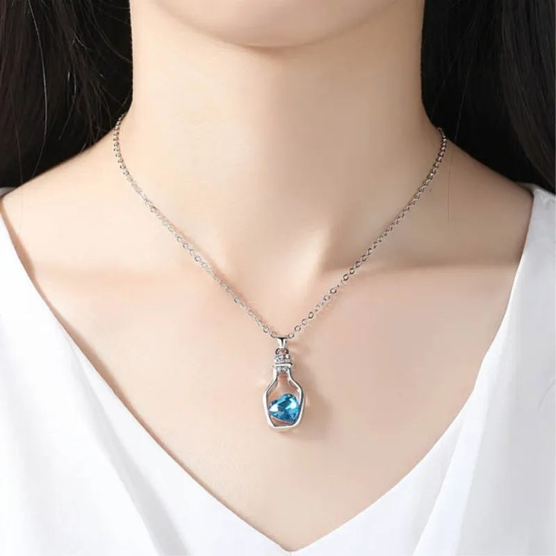 Ladies Silver Pink Blue Heart Crystal Drift Bottle Pendant Link Chain Necklaces