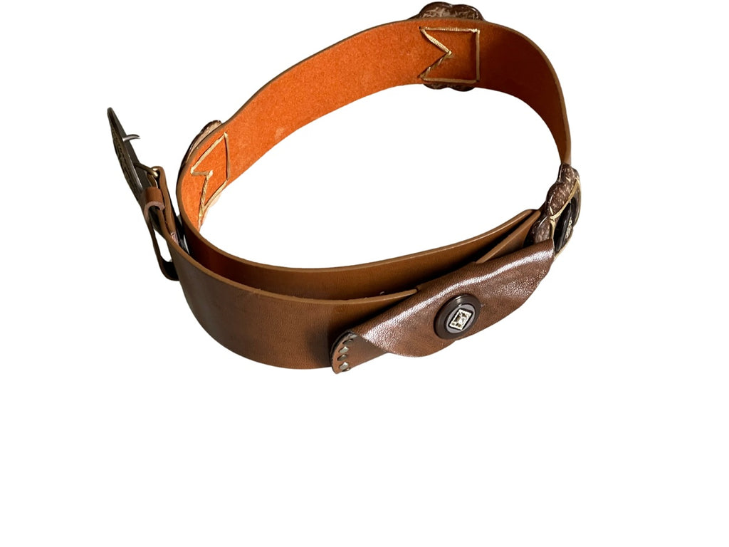 Ladies Brown Faux Leather Round Brass Metal Hook Buckle Plus Money Pouch Belts