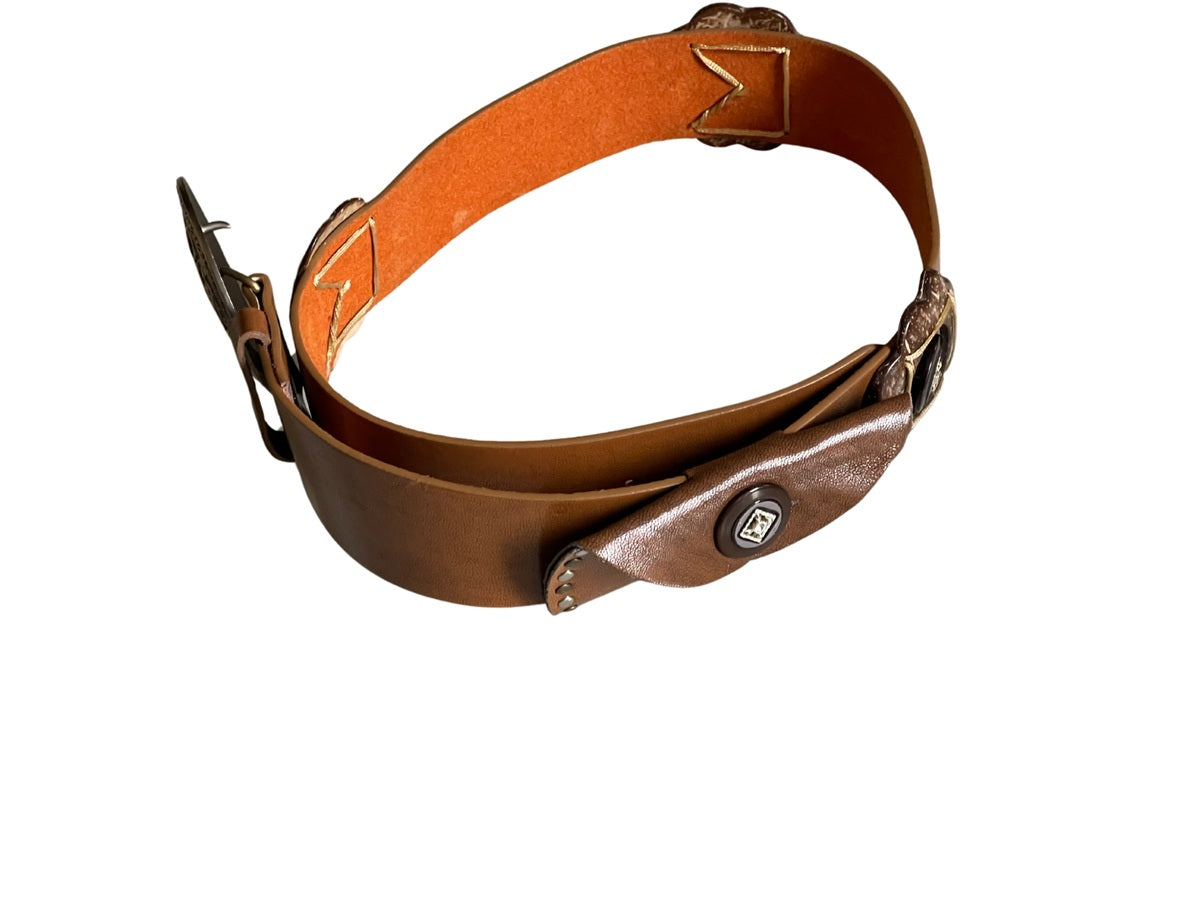 Ladies Brown Faux Leather Round Brass Metal Hook Buckle Plus Money Pouch Belts