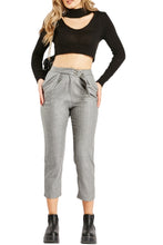 Load image into Gallery viewer, Ladies Grey Metallic Insert Stripes Buckle Belted Cropped Capri Trousers
