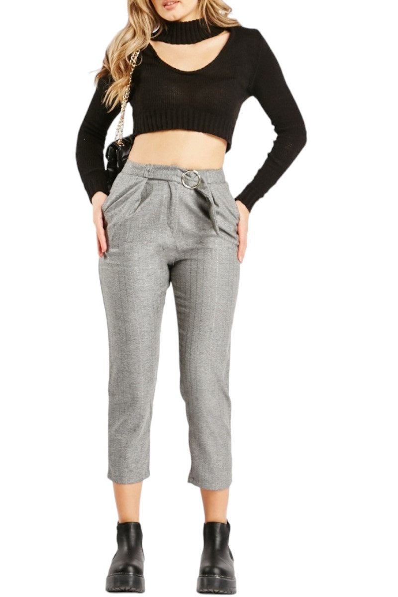 Ladies Grey Metallic Insert Stripes Buckle Belted Cropped Capri Trousers