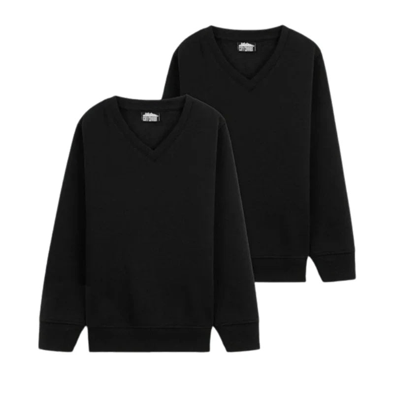 Boys Girls Black V Neck Fleece Pullover Casual School Jumper 2 Pack Sweatshirts