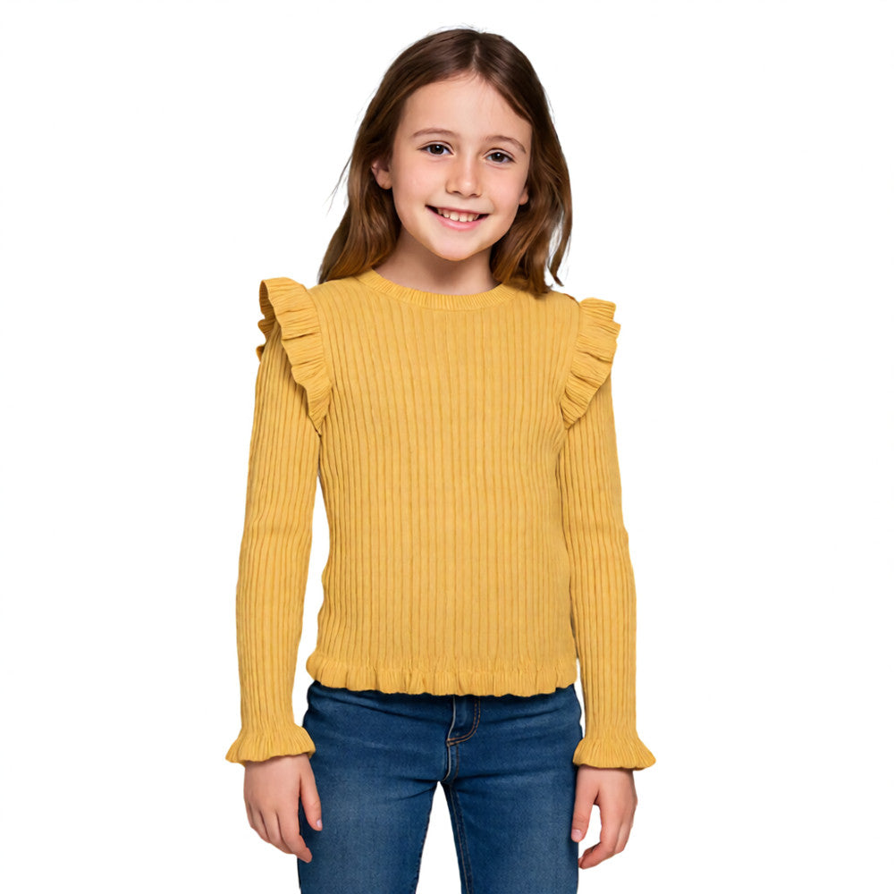 Girls Mustard Ribbed Cotton Frill Shoulder Cuffs Hem Longsleeve Crew Neck Jumper