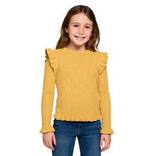 Load image into Gallery viewer, Girls Mustard Ribbed Cotton Frill Shoulder Cuffs Hem Longsleeve Crew Neck Jumper
