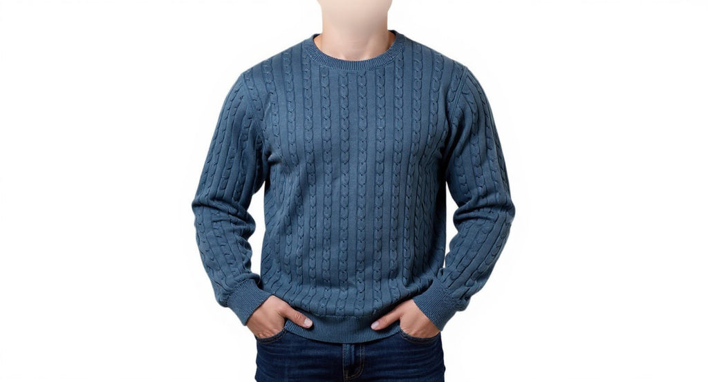 Mens Blue Ribbed Crew Neck Cotton Rich Knit Longsleeve Jumper