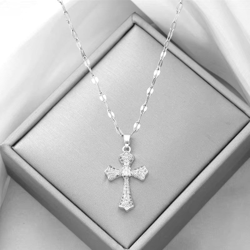 Unisex Ladies Mens Silver Geometric Cross Clavicle Crystal Pendant & Necklace