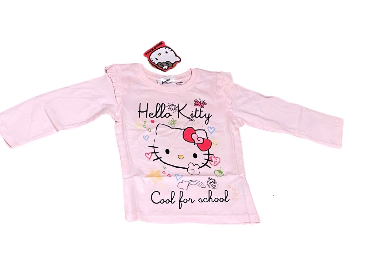 Girls Hello Kitty Pink Grey Cotton Frill Shoulder Long sleeve Casual Blouse Tops