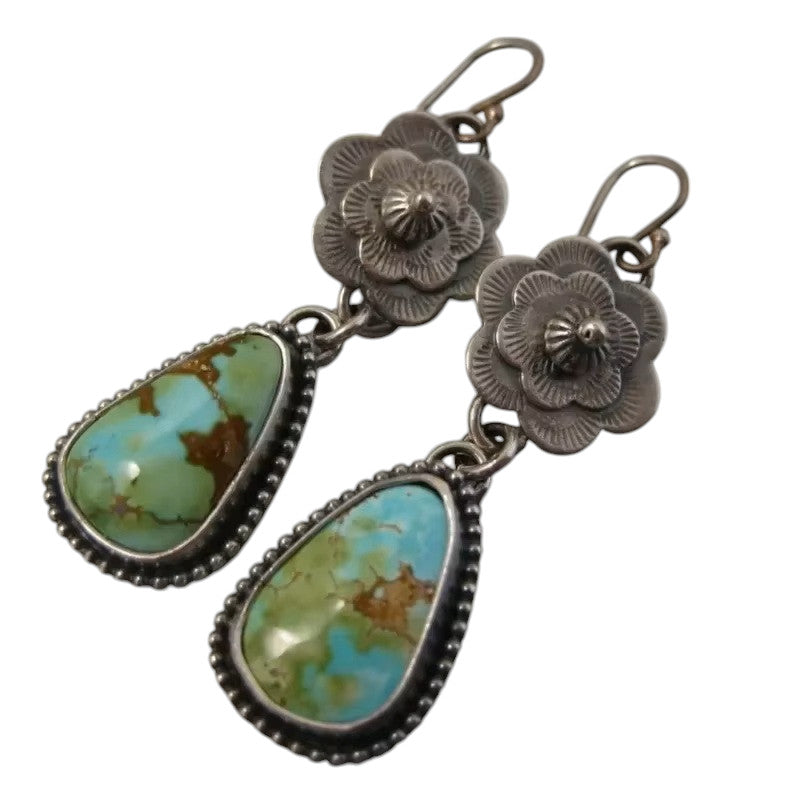 Ladies Silver Vintage Metal Handcarved Floral Turquoise Hook Dangling Earrings