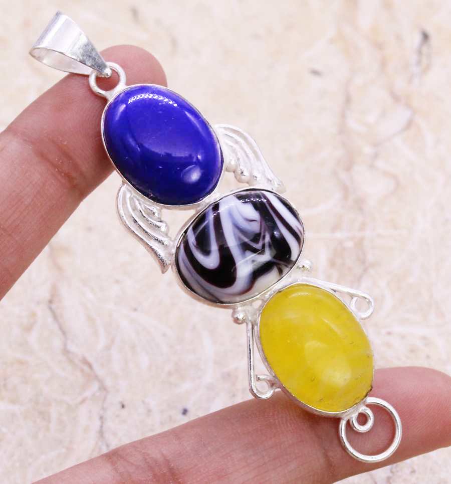 Ladies 925 Silver Plated Onyx Blue Marl Yellow Onyx Stone Pendant Chain Necklace