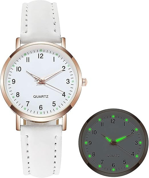 Ladies White Round Rose Gold Trim Quartz Diamond Studded Luminous Wristwatch