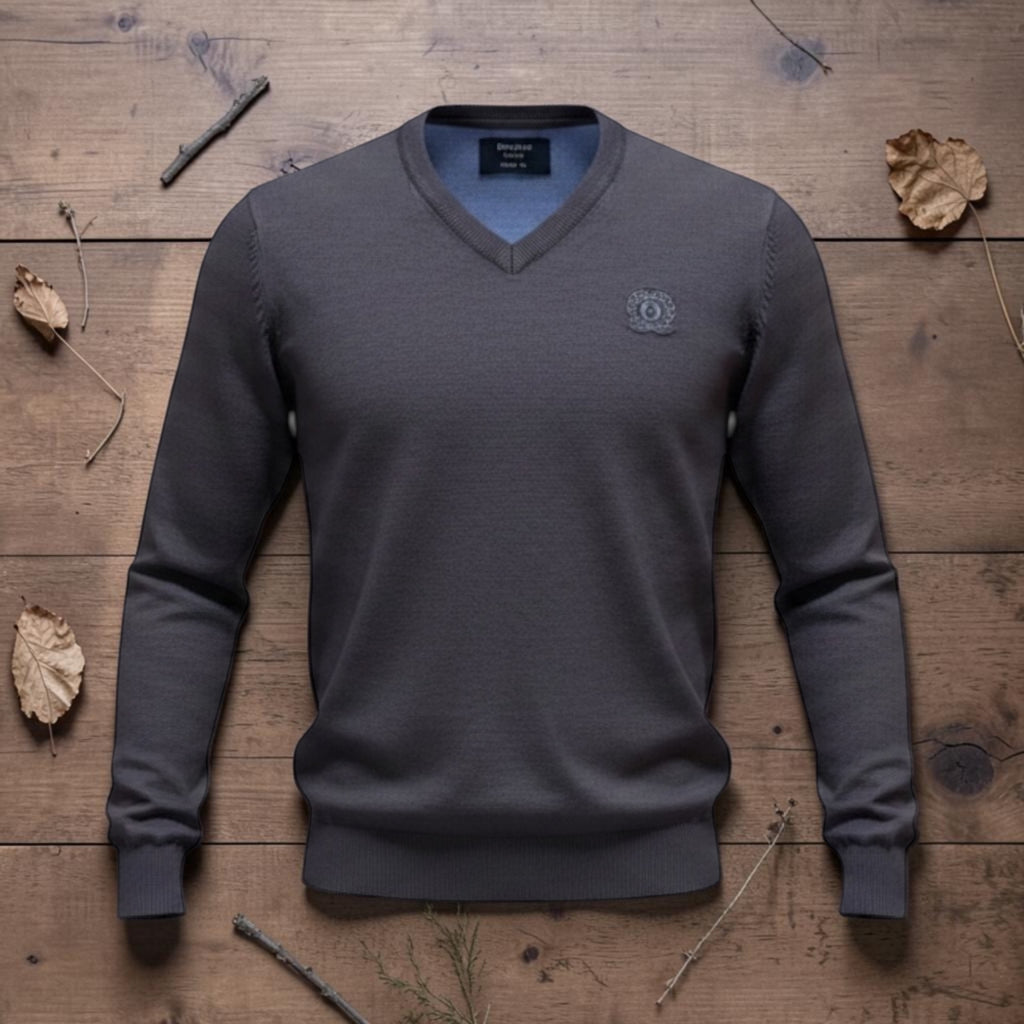 Mens Dark Grey Ombre Ribbed V-Neck Soft Knitted Jumper
