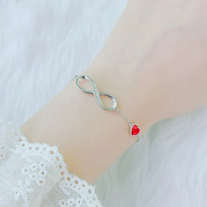 Ladies Silver Red Heart Shaped Crystal Infinity Link Chain Bracelet