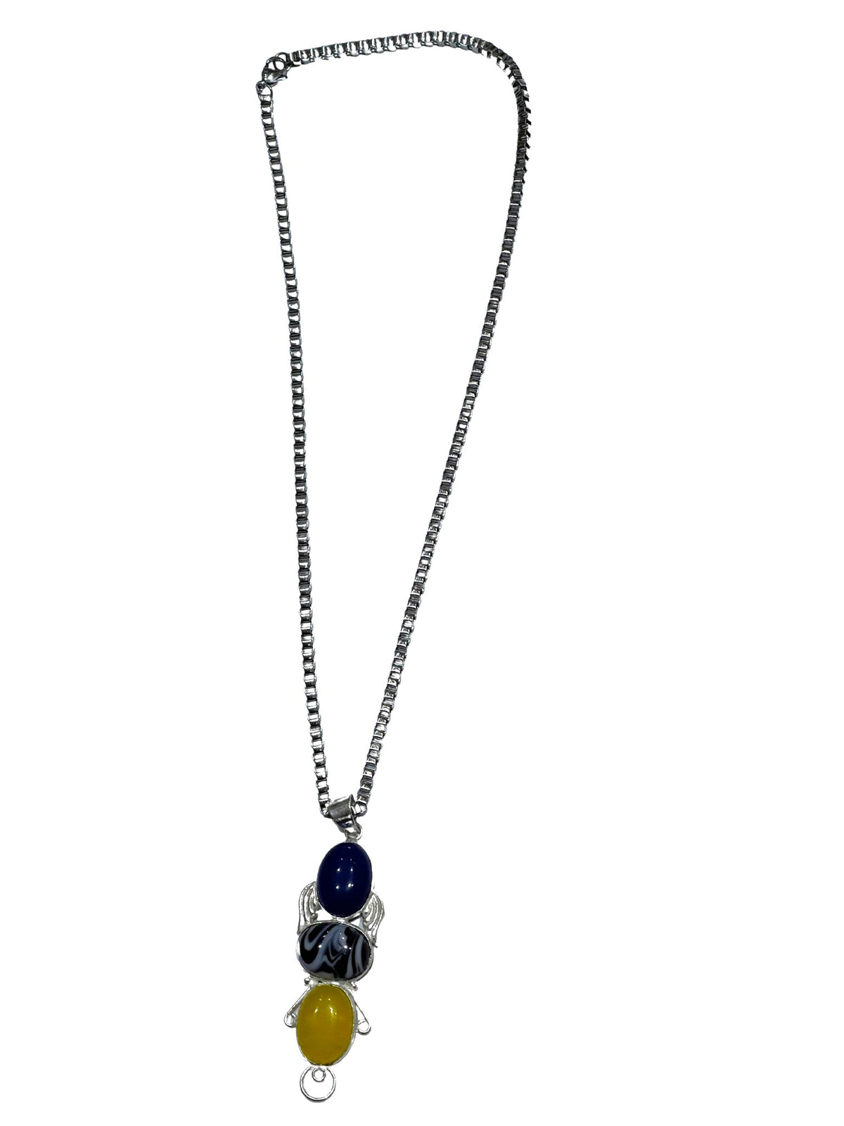Ladies 925 Silver Plated Onyx Blue Marl Yellow Onyx Stone Pendant Chain Necklace