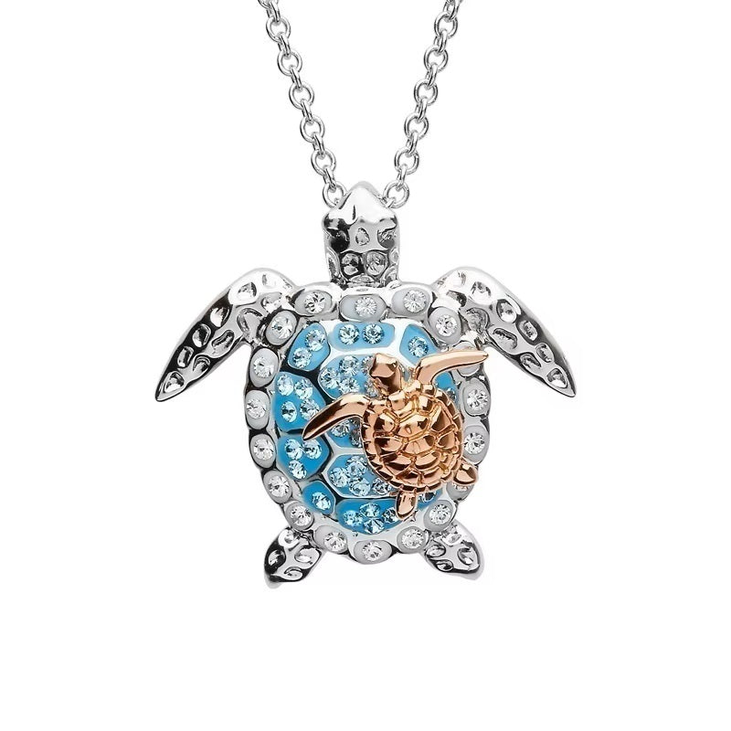 Ladies Silver Mother Gold Baby Sea Turtle Crystal Pendant Chain Necklace