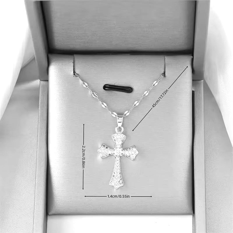 Unisex Ladies Mens Silver Geometric Cross Clavicle Crystal Pendant & Necklace