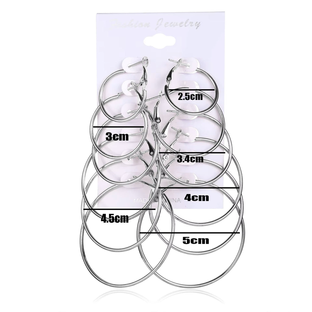 Ladies Girls Silver Round Smooth 6 Piece Hoop Earring Set