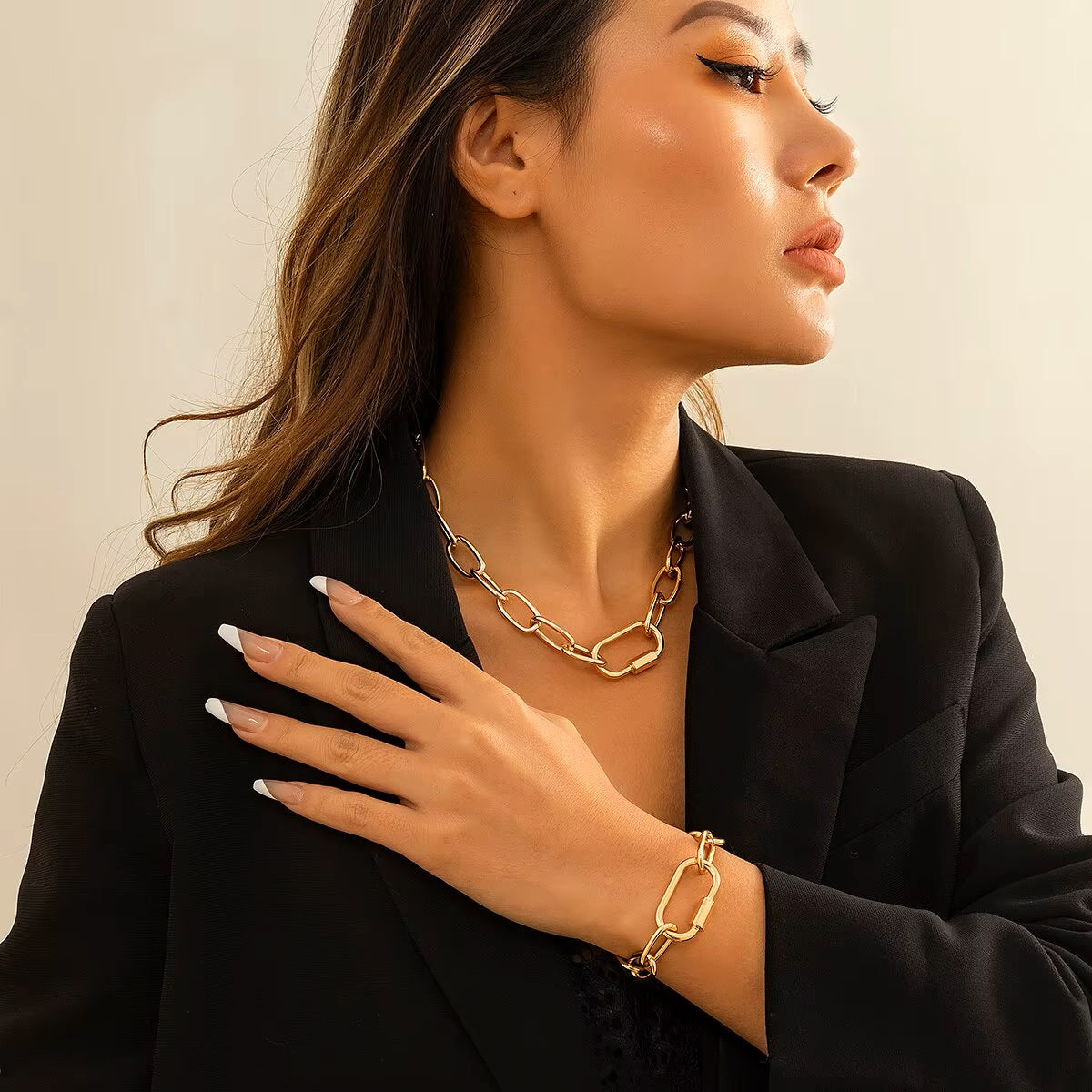Ladies Gold Plated Rectangle Cuban Link Chain Chunky Necklace & Bracelet Sets