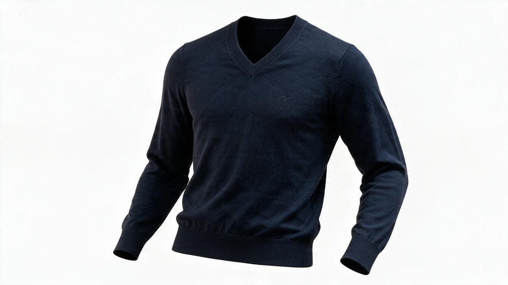 Mens Navy Sacoor Ribbed V Neck Lambswool Blend Pullover Long Sleeve Jumper (L)