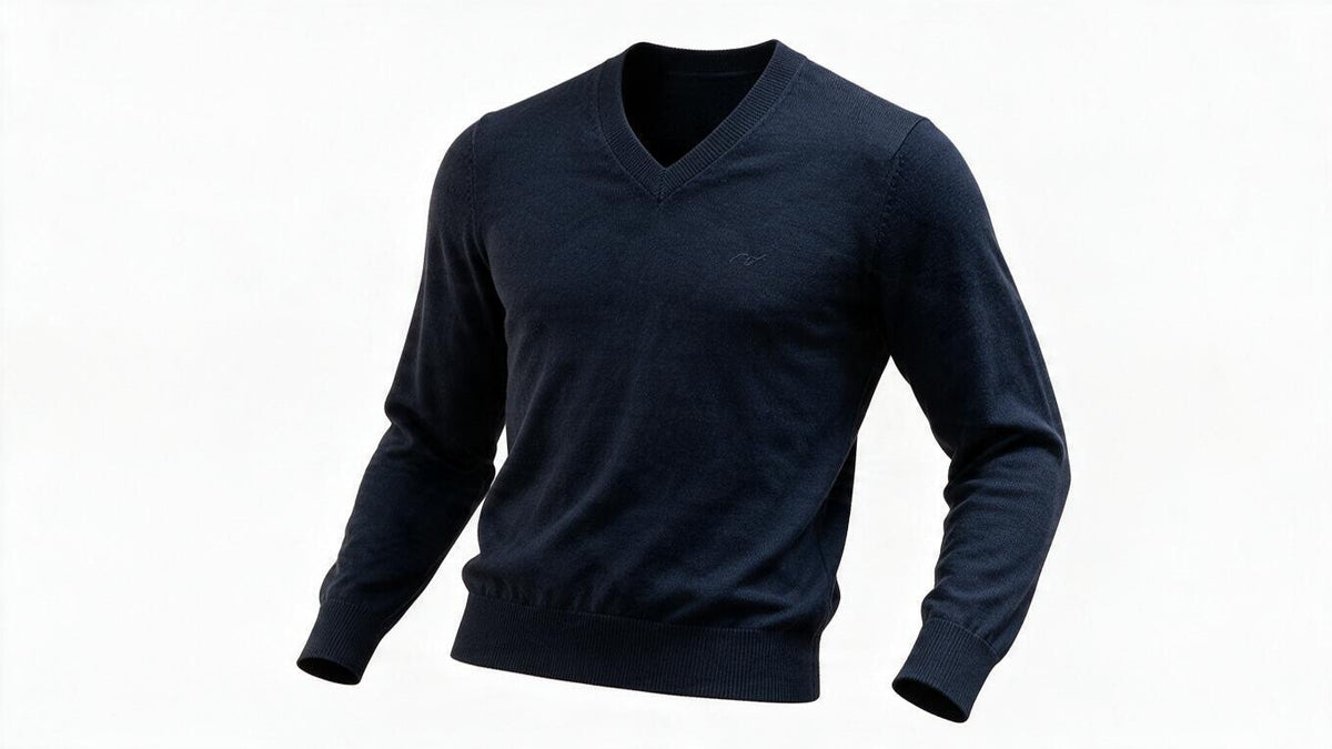 Mens Navy Sacoor Ribbed V Neck Lambswool Blend Pullover Long Sleeve Jumper (L)