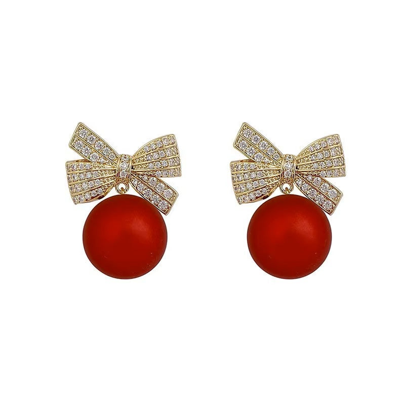 Ladies Stunning Red Ball Bow Knot Crystal Drop Womens Stud Hook Earrings