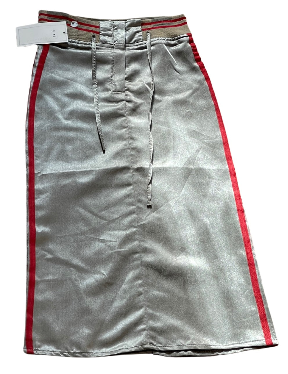 Girls Metallic Grey Thick Elasticated Waist Belted Side Stripe Midi Skirts