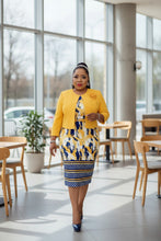 Load image into Gallery viewer, Ladies Yellow &amp; Navy Multi Stripe Geometric Shortsleeve Dress &amp; Jacket 2Pce Set
