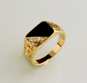 Men Gold Plated Geometric Rectangle Enamel Crystal CutOut Side Signet Gents Ring
